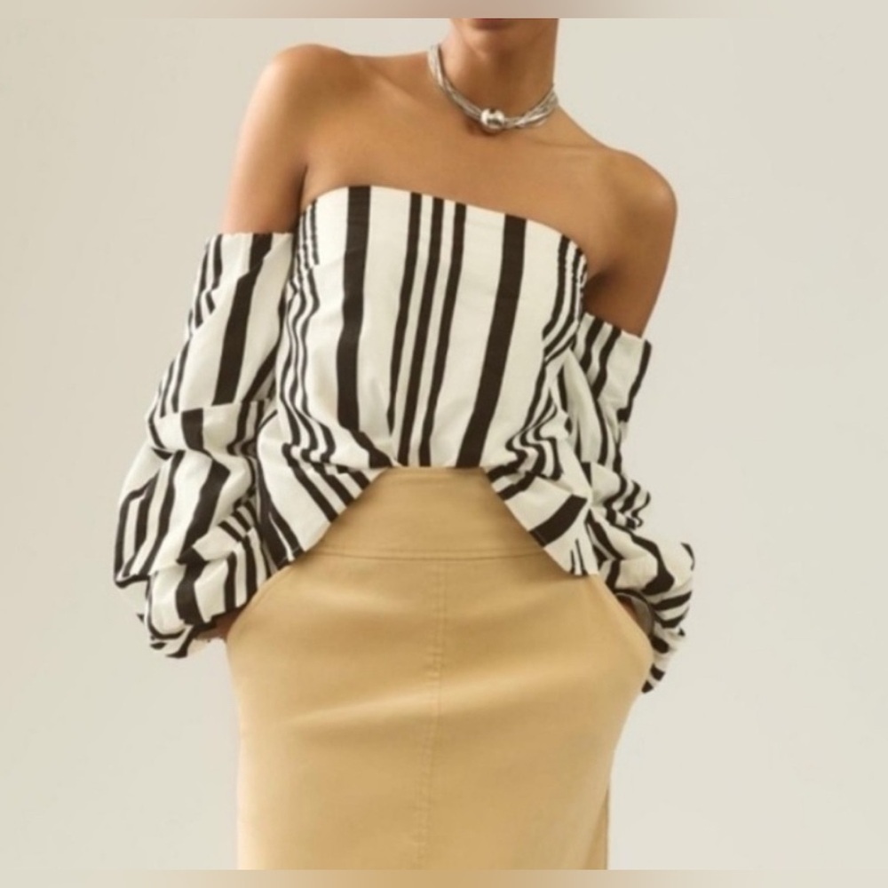 Anthropologie Mare Mare Black & White Puff Sleeve Off-Shoulder Top Size S